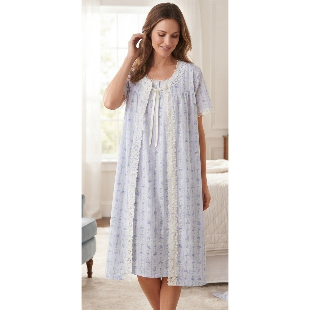 Vintage Character Floral Eyelet Lace Women's Nightgown Robe Set XL Blue Cotton